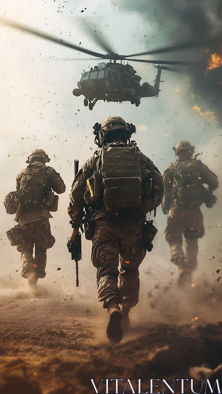 Soldiers advance under helicopter in dusty combat zone