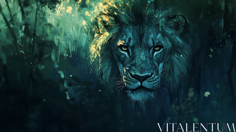 Majestic teal lion portrait in abstract nocturnal jungle.