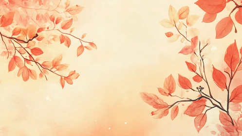 Soft watercolor branches with warm red autumn leaves.