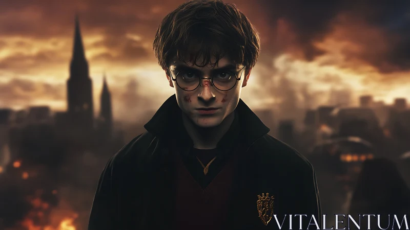 Brooding young wizard stands before a burning, stormy city