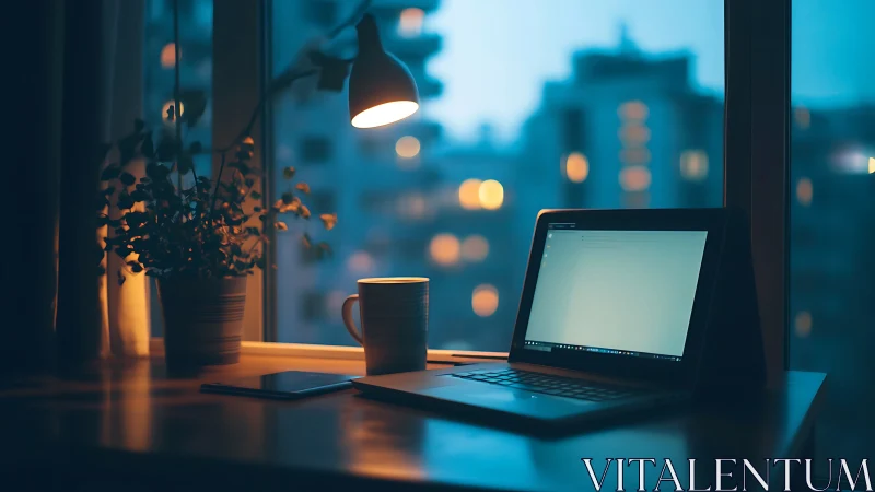 Cozy laptop workspace under warm lamp at dusk window.