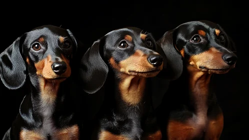 Three black and tan dachshunds pose against deep black background