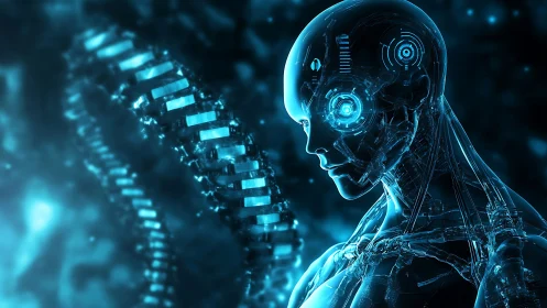 Neon-slick android contemplates a spiraling digital DNA strand