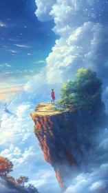 Solitary figure on sunlit cliff above dense cloud sea.