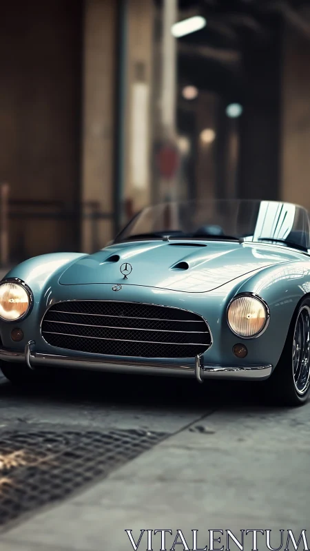 Sky-blue vintage roadster lounges in an industrial daydream.