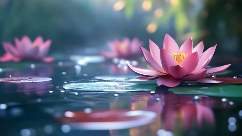 Serene pink lotus in luminous shallow water at dusk.