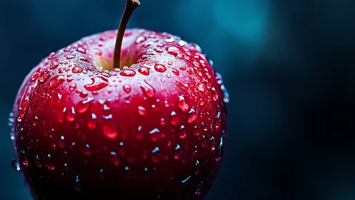 Macro red apple with water droplets against teal bokeh.