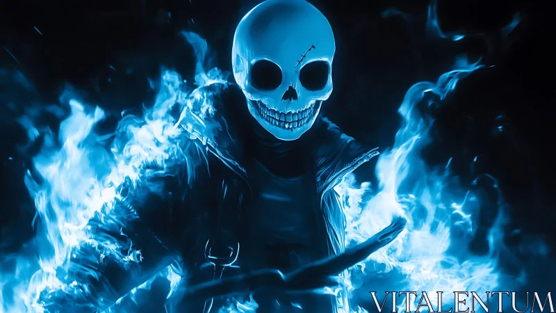Bioluminescent skeletal rider enveloped in high-contrast blue flames