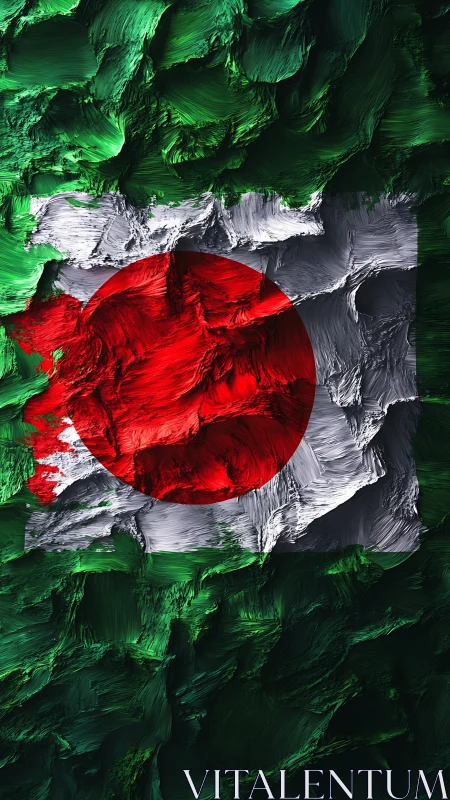 Textured impasto reinterpretation of Japan flag on green field