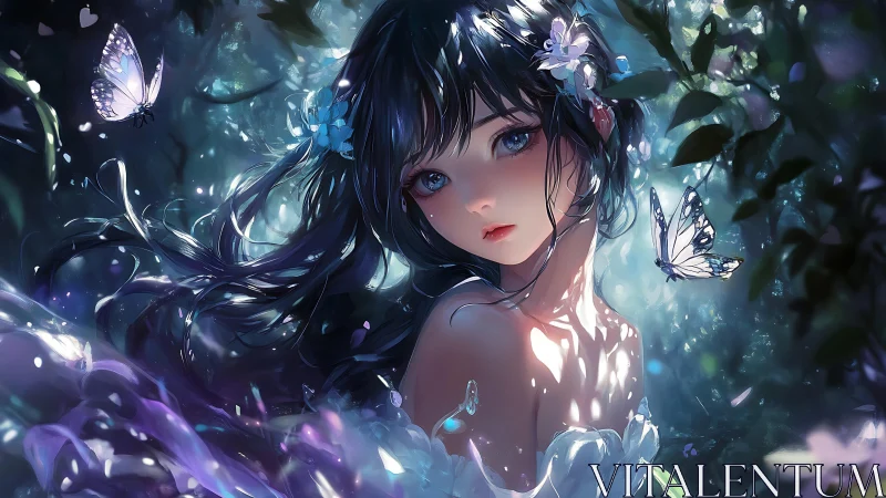 Anime forest nymph portrait with luminous butterflies detailing.