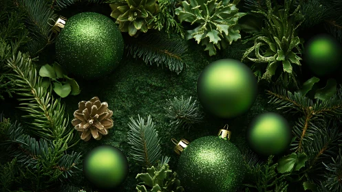Green ornaments lie among evergreen foliage and pinecones