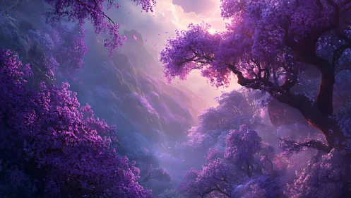 Iridescent violet forest ravine rendered in atmospheric fantasy light