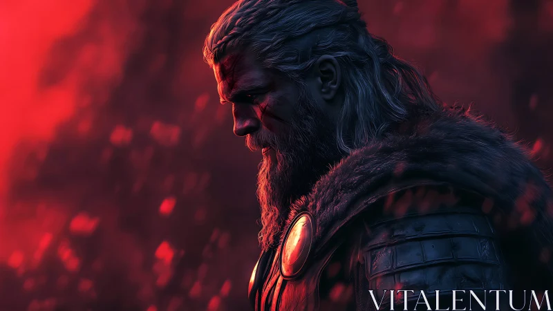 Viking warrior profile under intense red cinematic lighting.