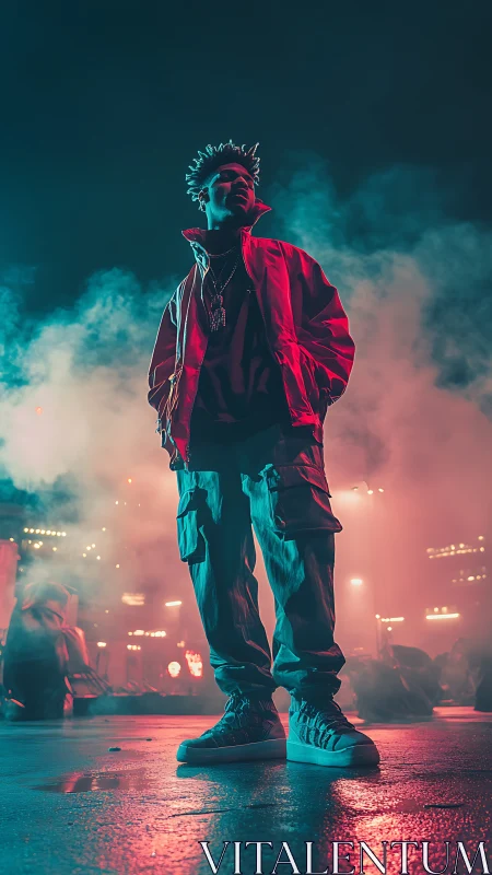 Neon street portrait with cinematic low angle vapor haze.