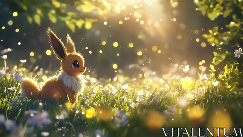 Small foxlike creature sits in sunlit meadow with flowers