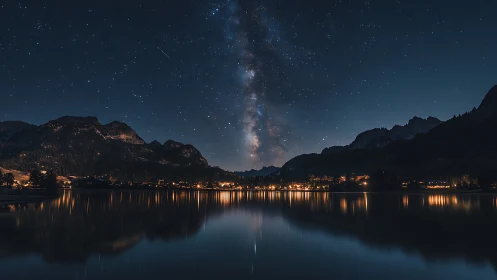 Milky Way core aligns above alpine lake and illuminated village