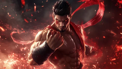 Fiery martial artist erupts from swirling embers in battle stance.