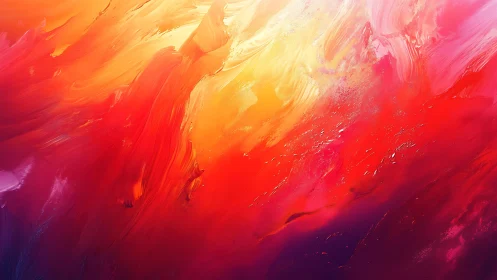 Vivid Abstract Painting with Fiery Red, Orange, and Yellow Brushstrokes.