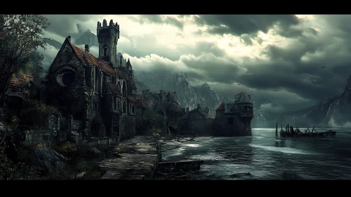 Stormlit ruined lakeside village under looming mountains.