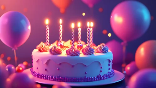 Birthday Cake with Lit Candles and Balloons in Neon Lighting