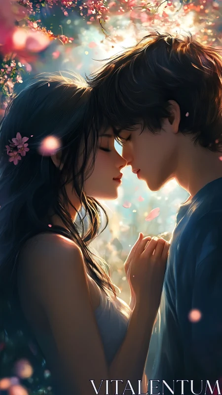 Anime Couple in Golden Light with Floral Moments.
