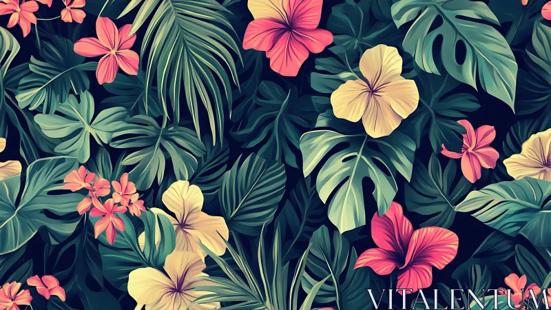 Tropical Garden Blossoms Dance Among Lush Foliage