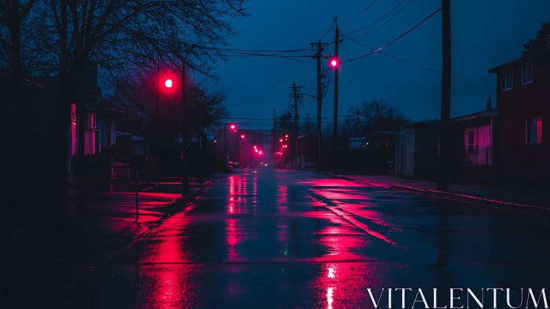 Neon reflections glowing softly along a quiet rainy street.