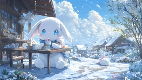 Oversized plush rabbit cooks in sunlit snow-covered village courtyard