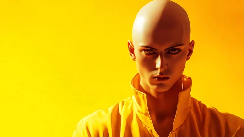 Bald sentinel in molten yellow glare stares through you.