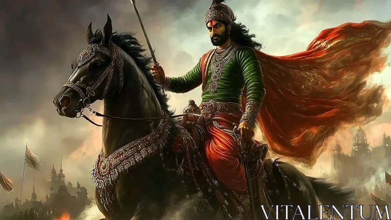 Armored cavalry commander rides into smoky fortified battlefield