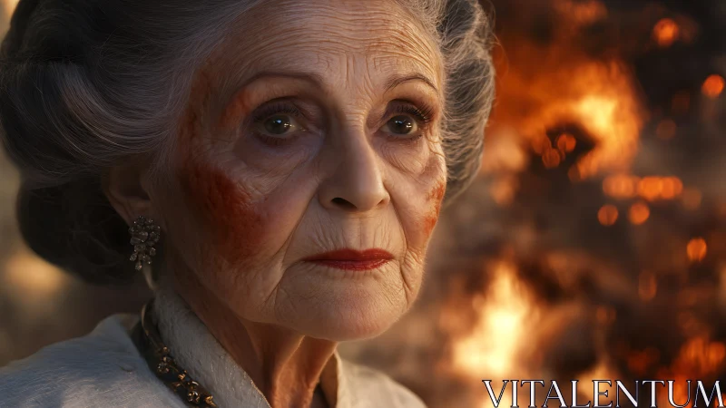 Elderly woman with soot marked face before raging fire