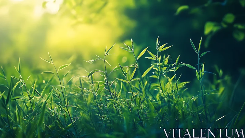 Sunlit green grass in tranquil nature scene, soft focus style.