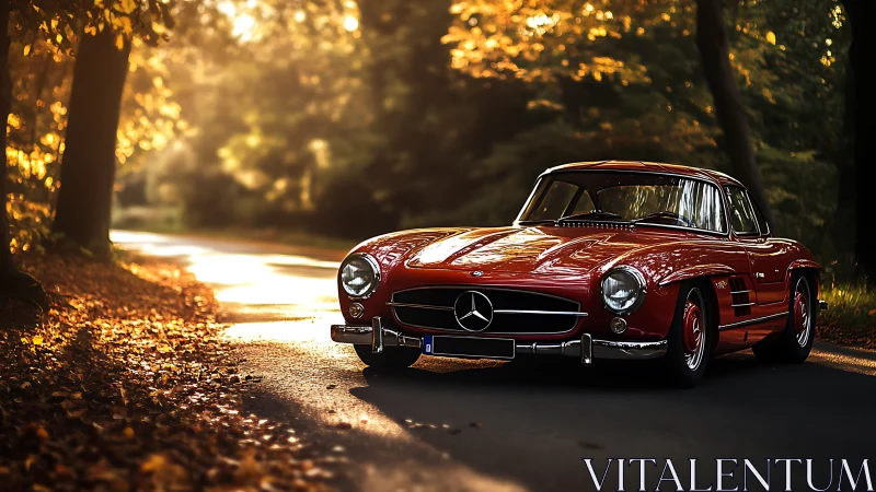 Photorealistic classic coupé on sunlit autumn forest road.