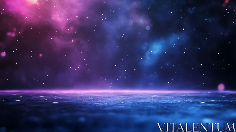 Nebula sky over reflective surface in blue and magenta tones.