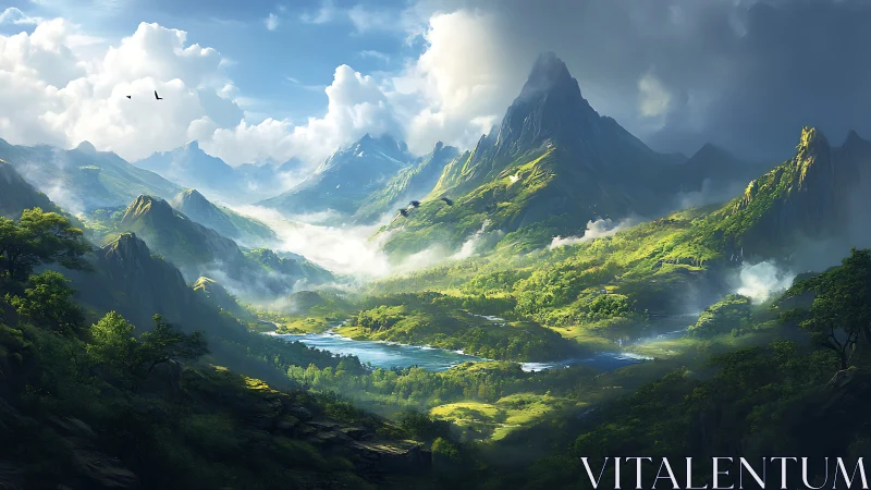 Sunlit fantasy valley unfolds beneath towering mystic peaks