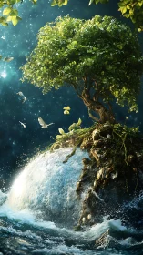 Lush tree crowned island rising from a sparkling blue sea.