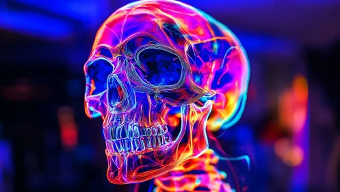 Luminous neon skull glowing with electric rainbow energy.