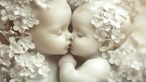 Two sculptural faces positioned in profile encounter within floral composition