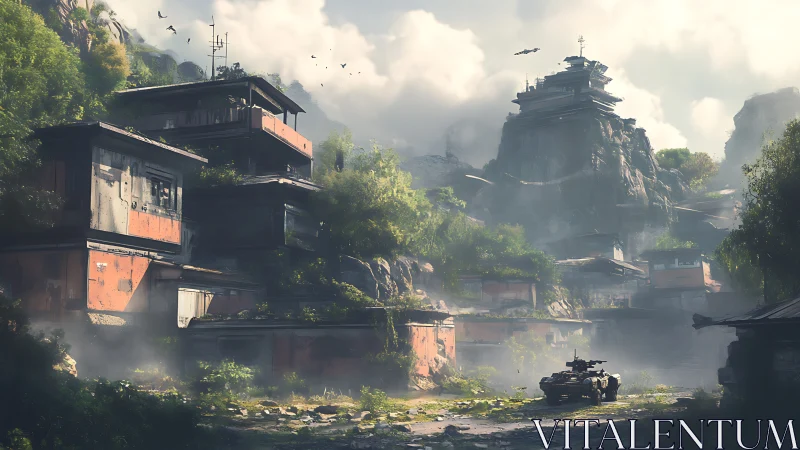 Armored vehicle in overgrown futuristic cliff settlement.