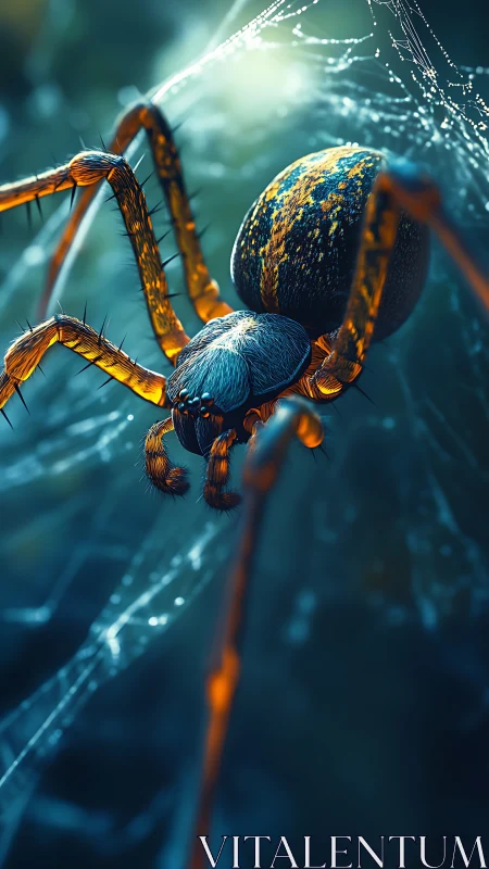 Macro render of orange orb-weaver spider on dewy web strands
