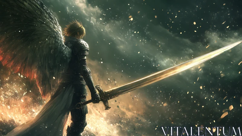 Winged warrior holding glowing sword in stormy sky.