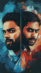 Split portrait of man in blue and red expressive lighting.