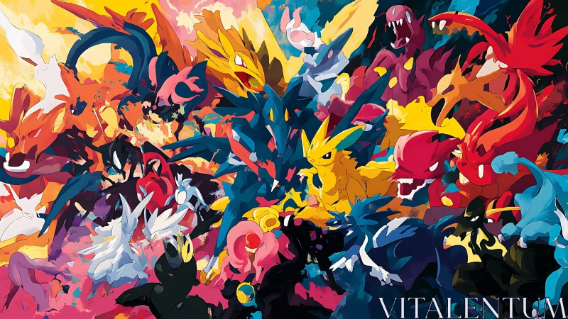 Dynamic abstract battle of stylized creature silhouettes in motion