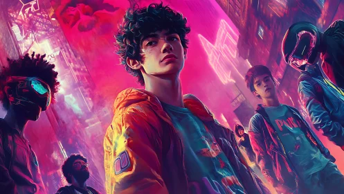 Neon youth collective in cyberpunk city alley at night.