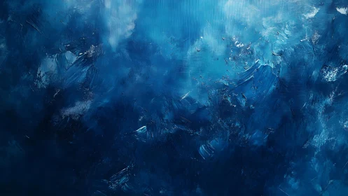 Abstract blue textured painting with dynamic brush strokes.