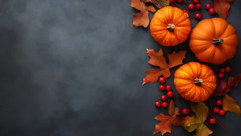 Autumn pumpkins with leaves on dark textured background.