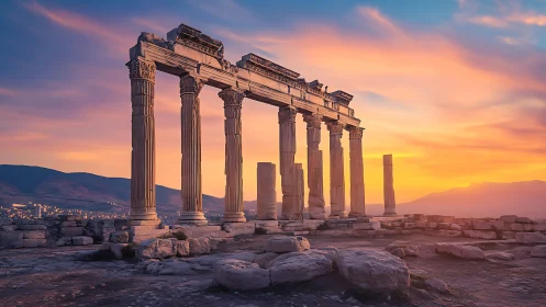 Sunlit Greek temple ruins under vivid sunset sky glow.