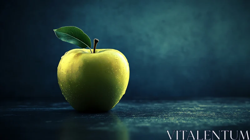 Luminous green apple with leaf on moody dark surface.