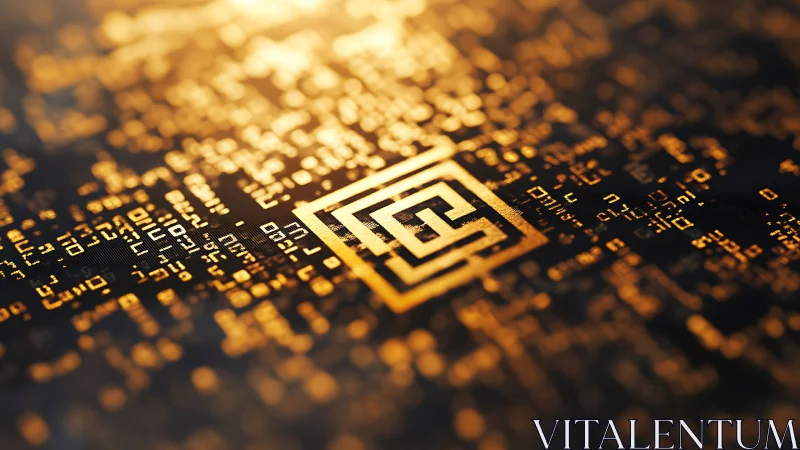 Golden digital maze glows warmly across circuit-like code