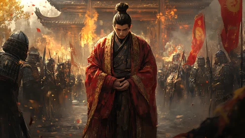 Warlord emperor walks through burning palace courtyard